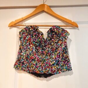 SO Multicolor Allover Sequin Bandeau Top Crop Glam Women's Medium Disco Festival